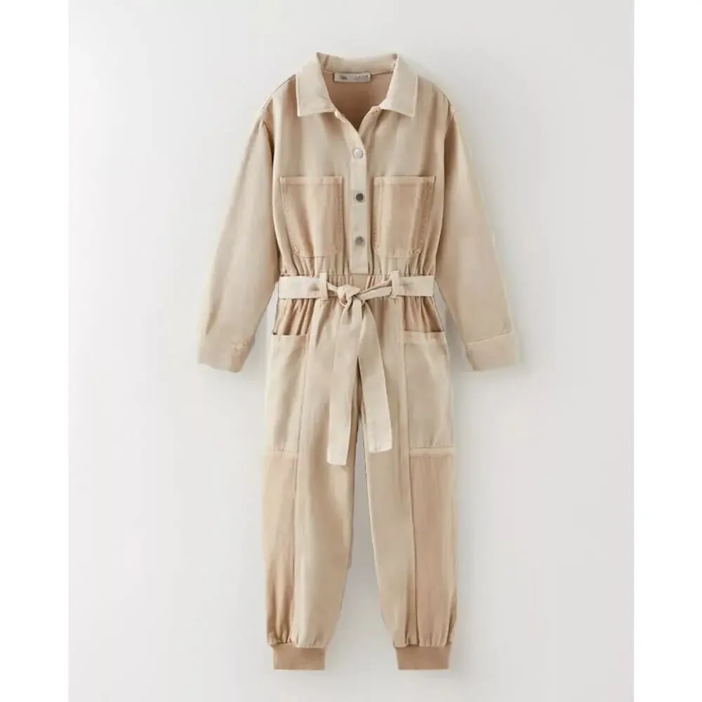 Zara Junior Cuffed Jumpsuit Belted Long Sleeve Pockets One piece 13-14 Tan Beige